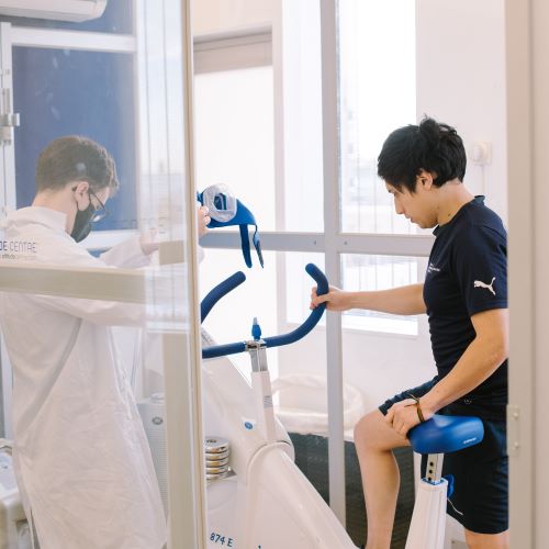 A Human Performance Centre participant in an hypoxic and environmental chamber